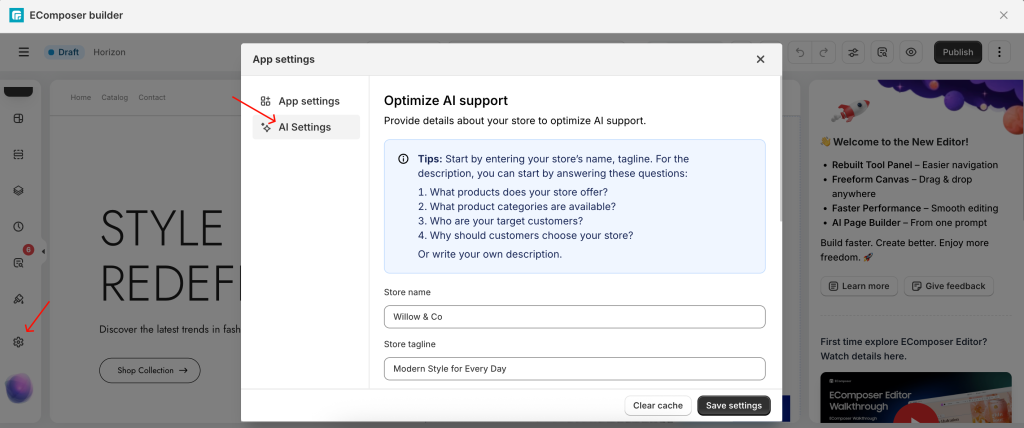 EComposer Templates 3 ecomposer ai setting