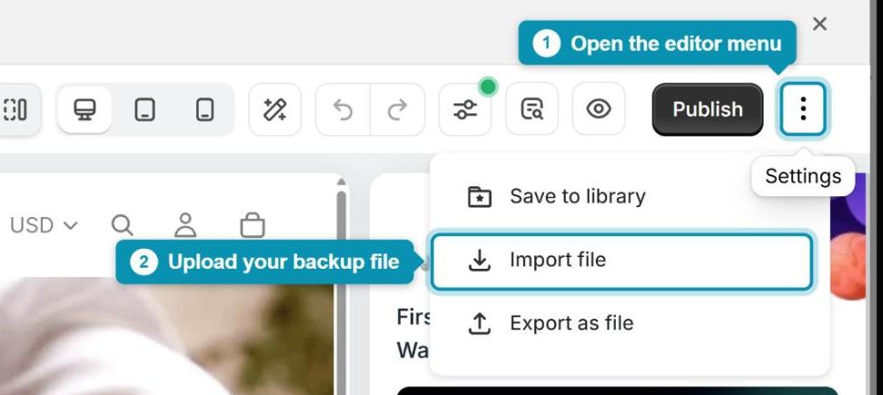 Open the three-dot menu next to Publish and choose Import file