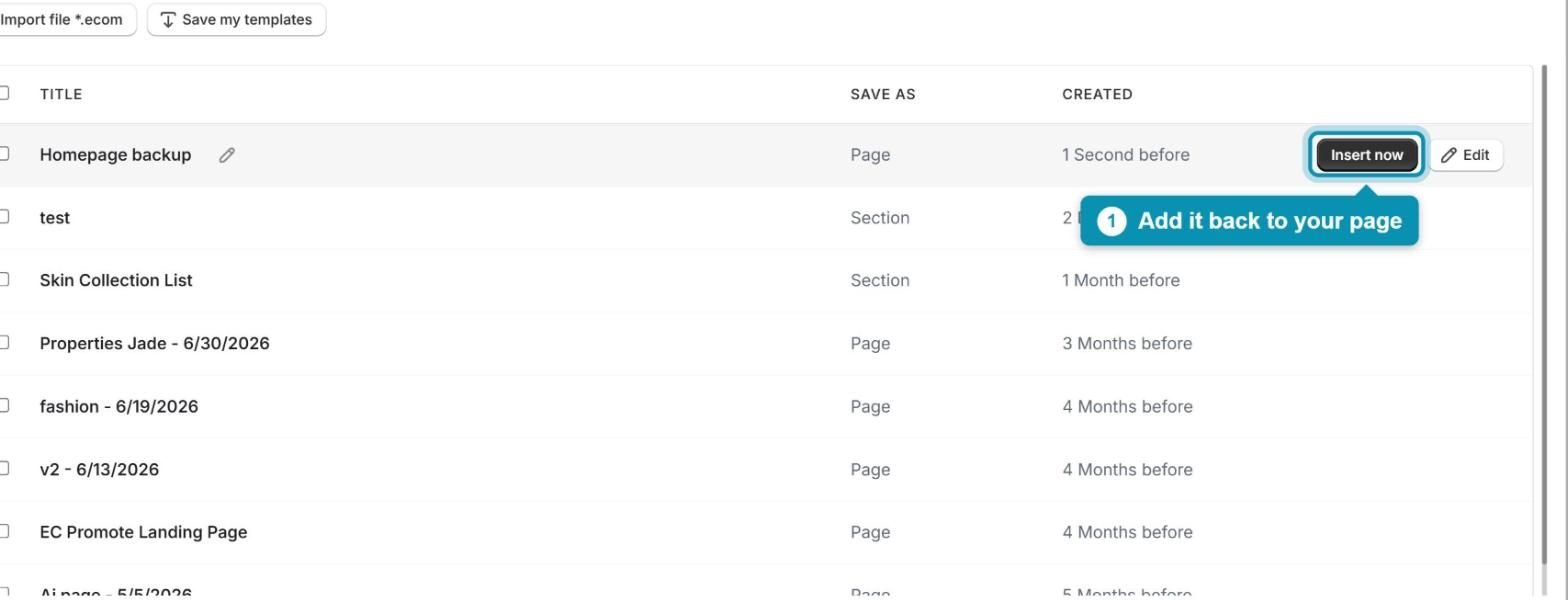 Hover your saved template in My templates and click Insert now