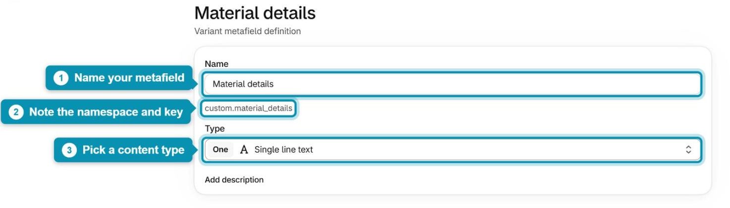 Enter the metafield name, note the namespace and key, and pick the type