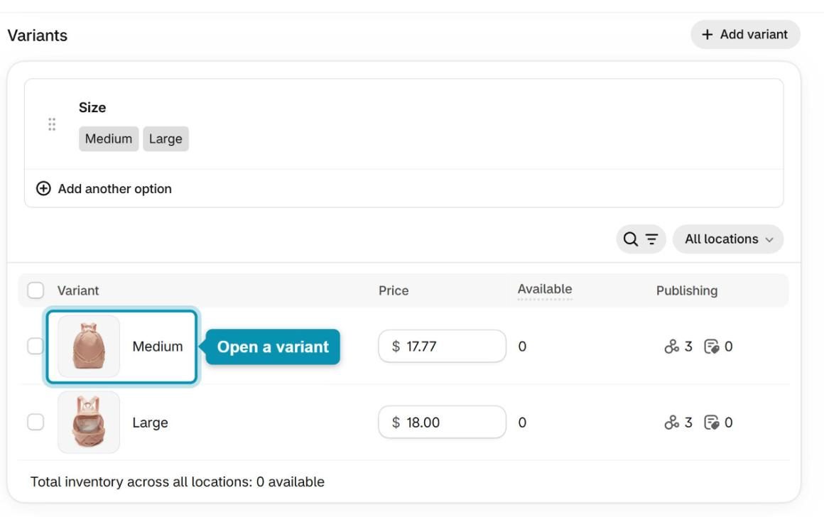 Open a product variant in the Variants list