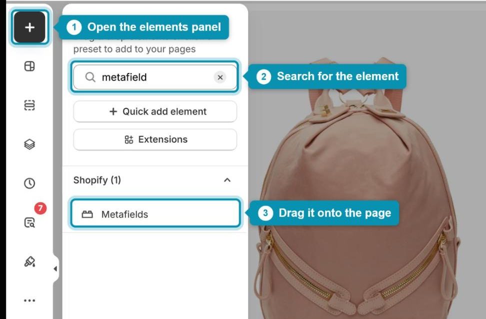 Search for the Metafields element in the EComposer elements panel