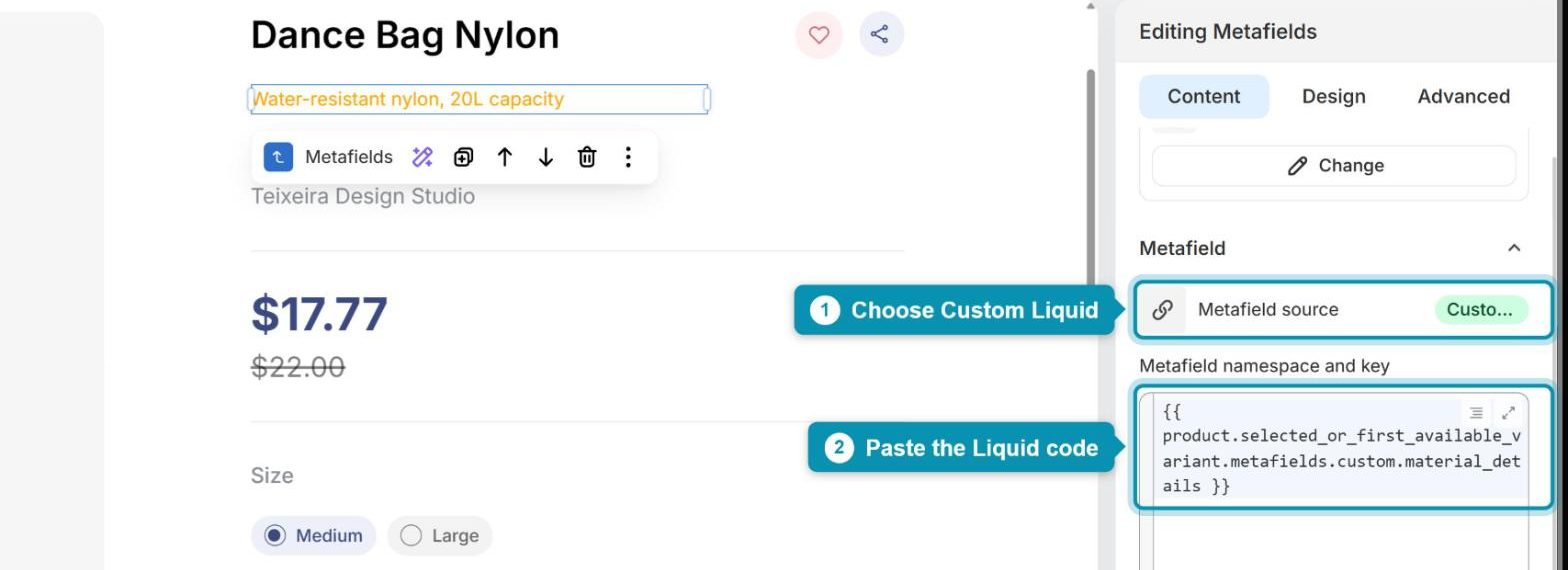 Set Metafield source to Custom Liquid and paste the variant metafield code