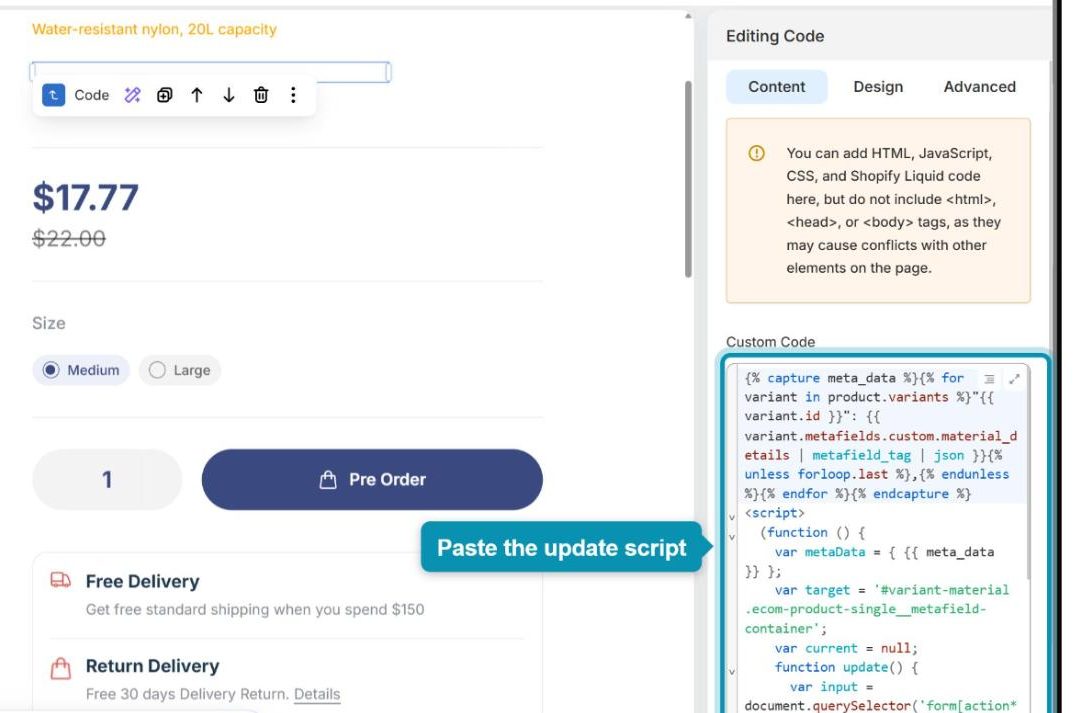 Paste the update script into the Custom Code box of the Code element